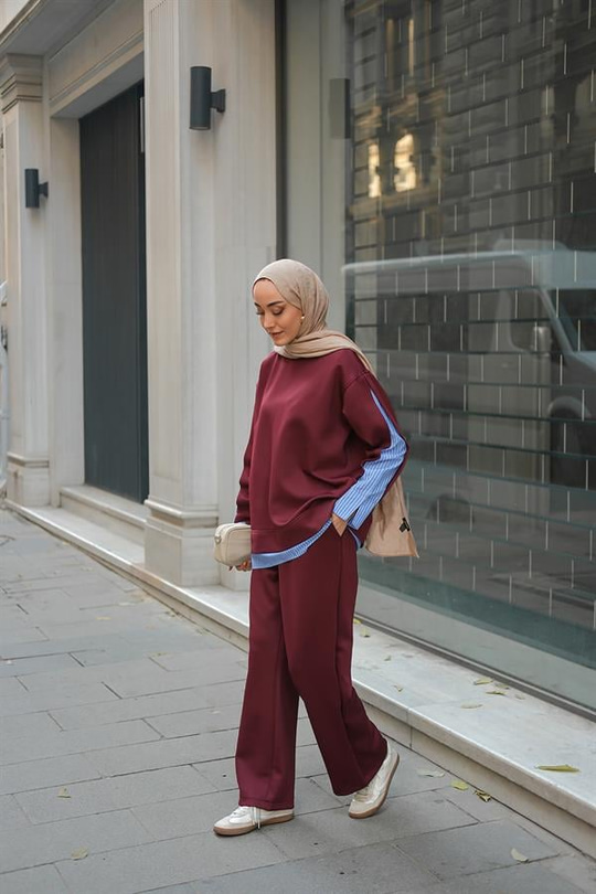 Gömlek Detay İkili Takım Bordo