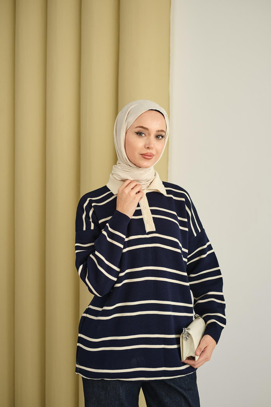 Gömlek Yaka Çizgili Triko Lacivert