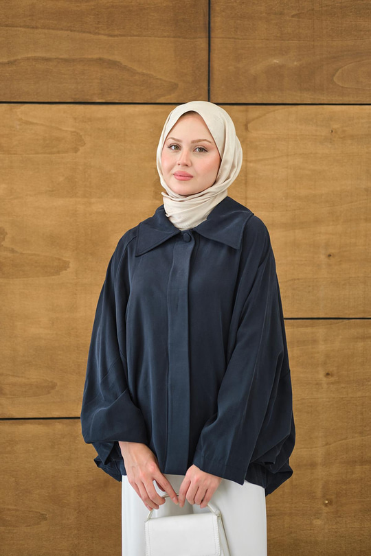 Gömlek Yaka Düğmeli Cep Detay Astarsız Oversize Tencele Panço Trenç Lacivert