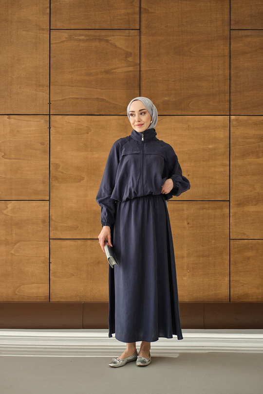 Gömlek Yaka Fermuarlı Etekli Takım Lacivert