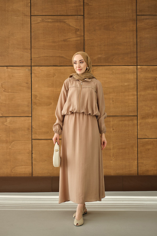 Gömlek Yaka Fermuarlı Etekli Takım Vizon