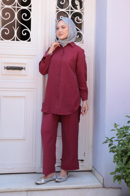 Gömlekli İkili Takım Bordo