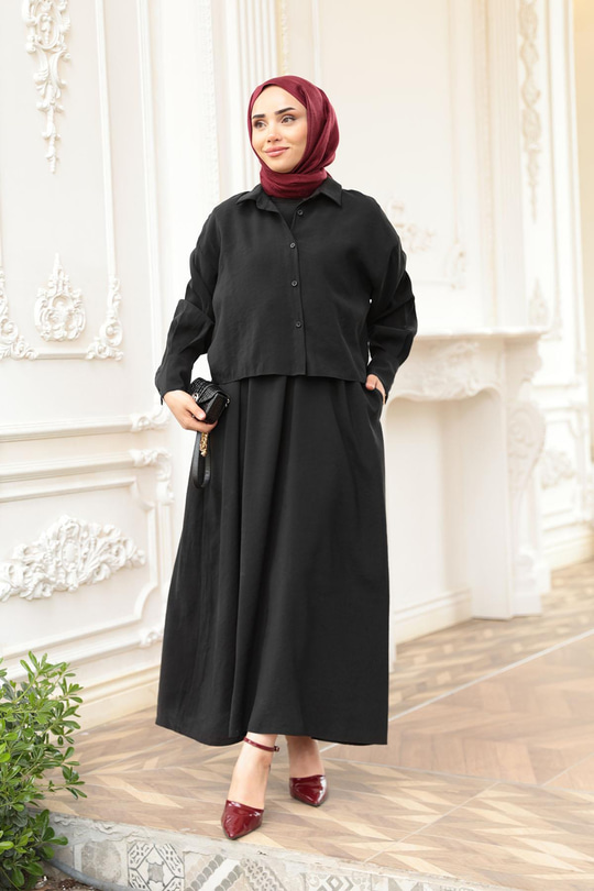 Gömlekli Tencele Elbise Siyah