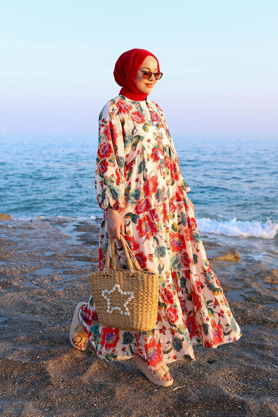 Gonca Gül Desen Elbise Krem