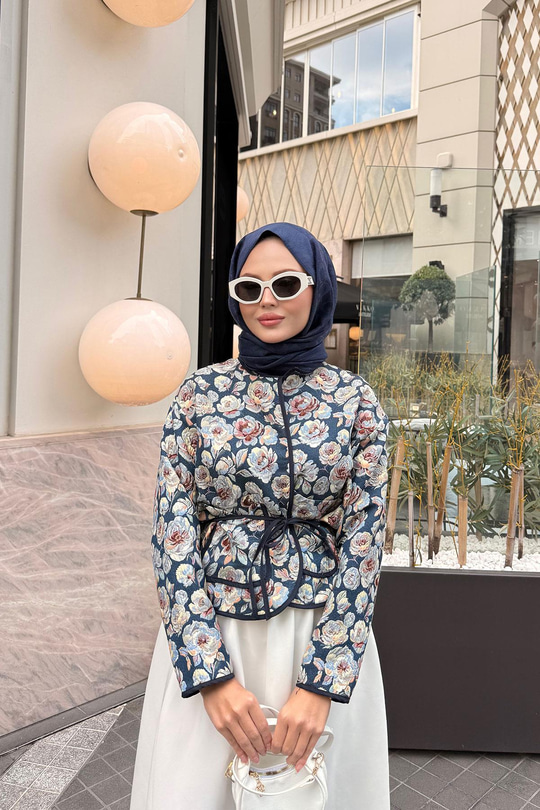 Gül Desen Ceket Mavi