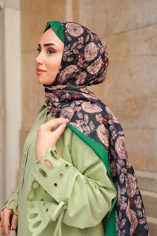 Gül Desen Soft Şal Koyu Yeşil