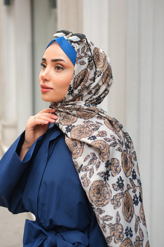Gül Desen Soft Şal Mavi