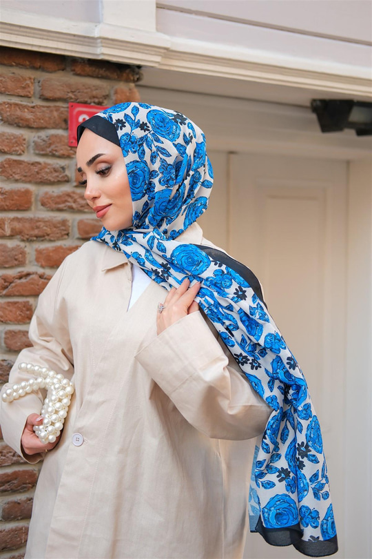 Gül Desen Soft Şal Saks Mavi