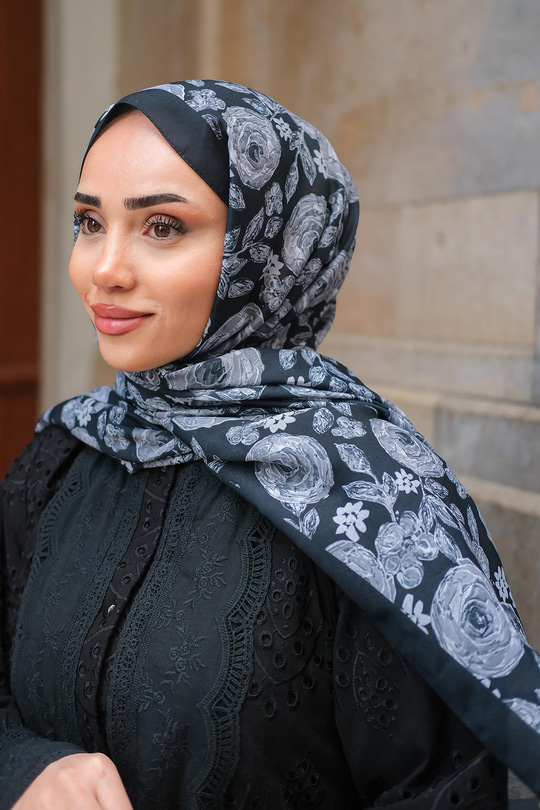 Gül Desen Soft Şal Siyah