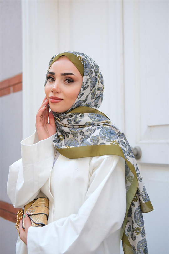Gül Desen Soft Şal Yağ Yeşil