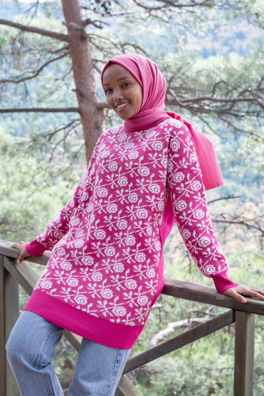 Uygun Fiyatlı GUL DESEN TRIKO TUNIK FUSYA | Loccomoda.com 
