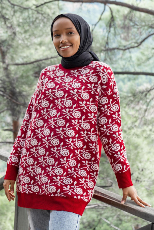 Uygun Fiyatlı GUL DESEN TRIKO TUNIK KIRMIZI | Loccomoda.com 