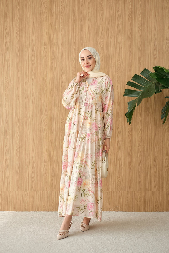 Gül Desenli Elbise Pembe