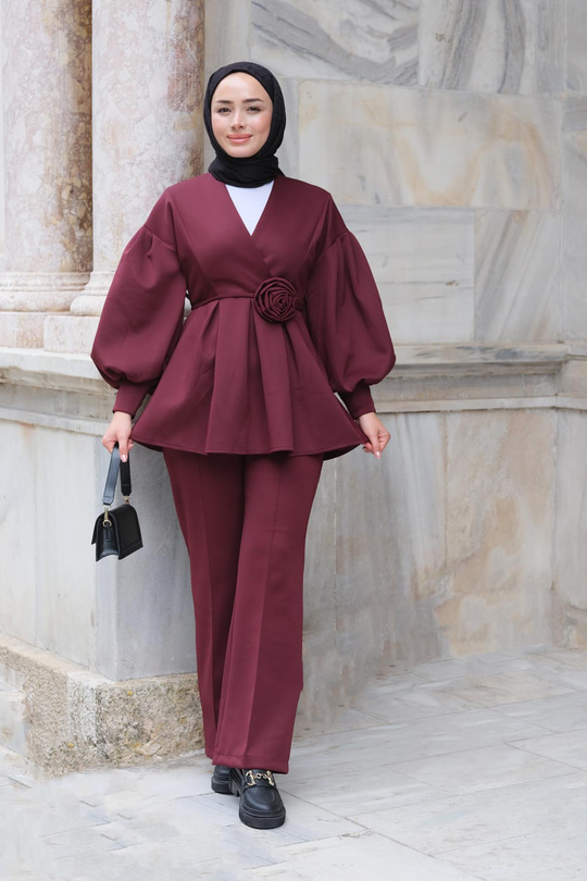 Gül Detay Belden Bağlamalı İkili Takım Bordo