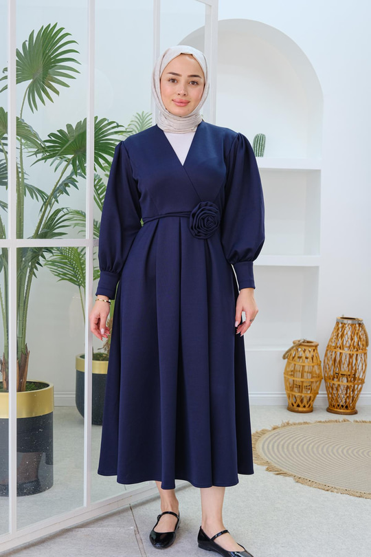 Gül Kemerli Elbise Lacivert