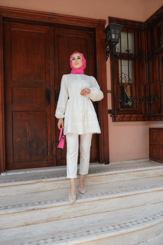 Hakim Yaka Bağlamalı Gömlek Ekru