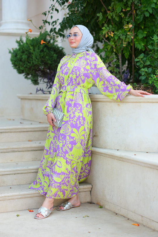 Hakim Yaka Kemerli Elbise Mor-Yeşil