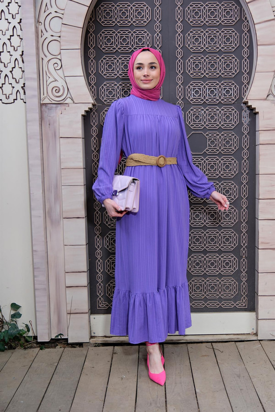 HASIR KEMER DETAYLI ELBISE MOR