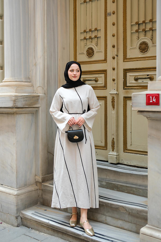 Hasır Kemerli Elbise Krem