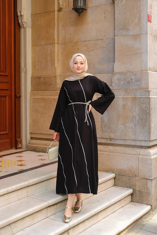 Hasır Kemerli Elbise Siyah