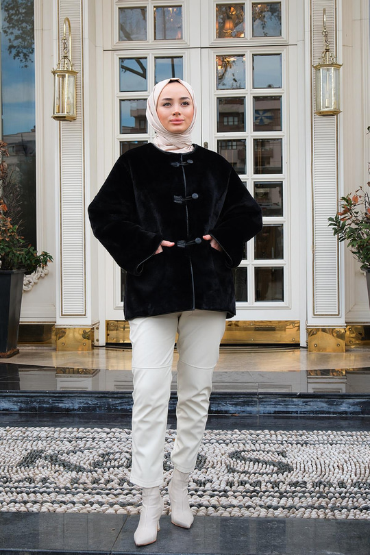 İçi Deri Dışı Peluş Cepli Kaban Siyah
