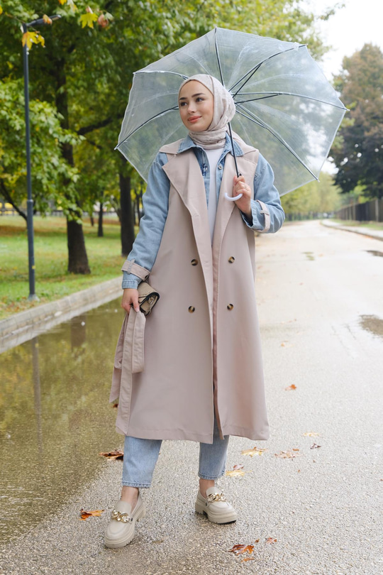 İki Parça Bel Bağlamalı Kot Trenç Krem