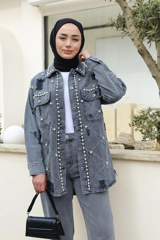 İnci Detay Kot Gömlek  Füme