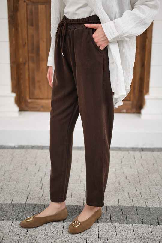 İp Kemerli Bol Paça Pike Pantolon Kahverengi