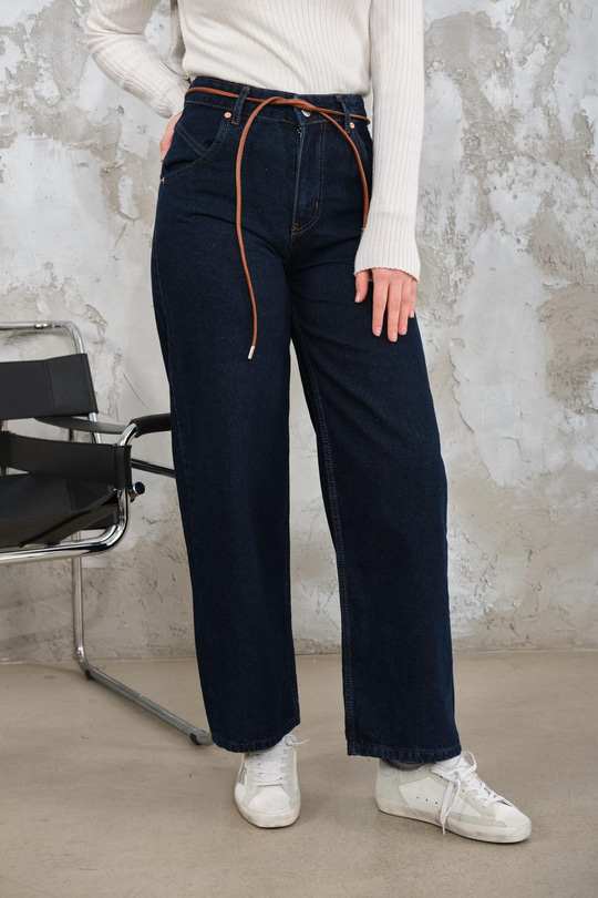 İp Kemerli Kot Pantolon Mavi