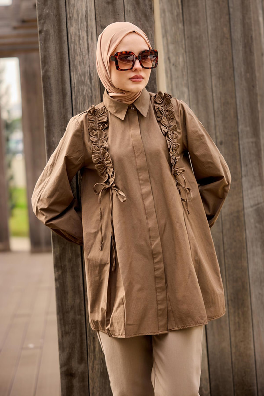 İpli Büzgü Detaylı Gömlek Kahverengi