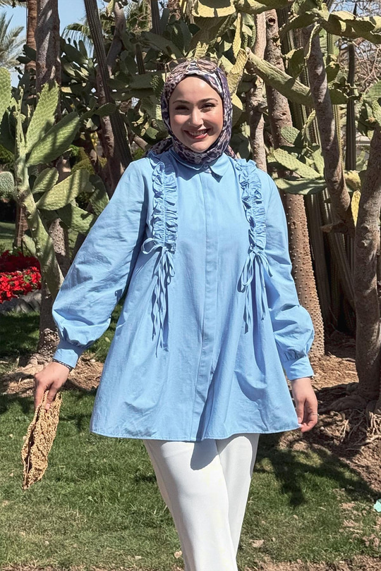 İpli Büzgü Detaylı Gömlek Mavi