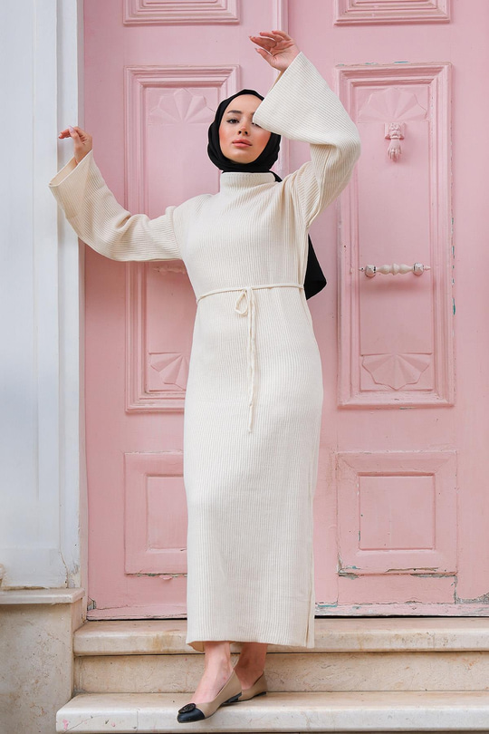 İspanyol Kol Boğazlı Triko Elbise  Bej