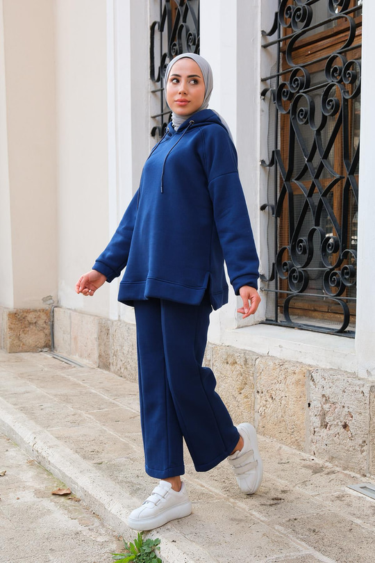 İspanyol Paça Kapüşonlu İkili Takım Lacivert