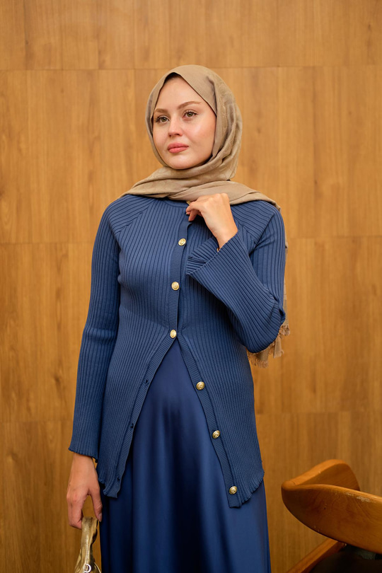 Kabartma Çizgi Detaylı Hırka Lacivert