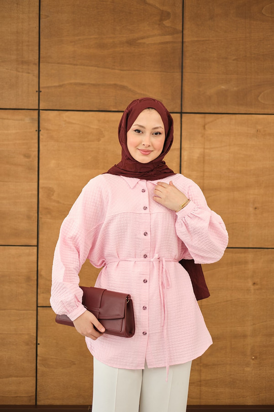 Kabartma Kare Desenli Gömlek Pembe