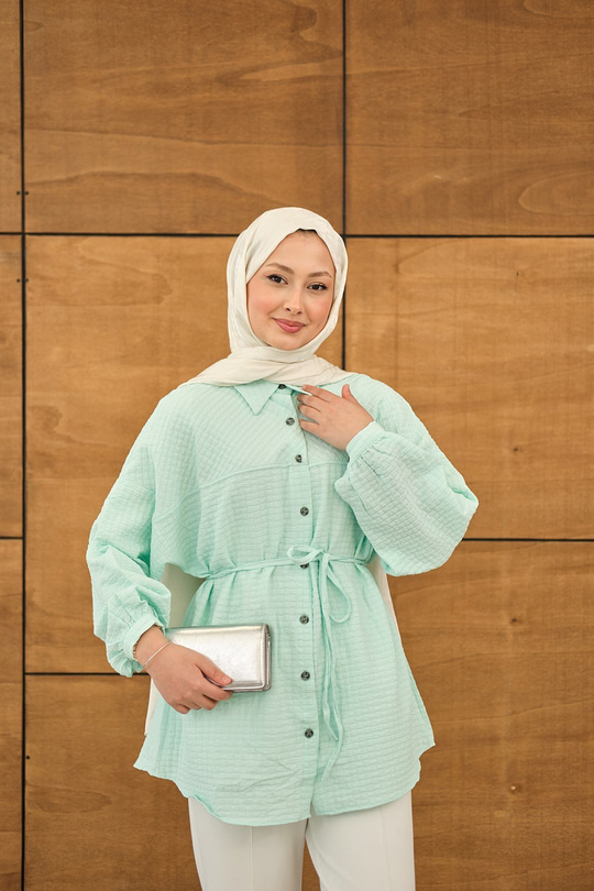Kabartma Kare Desenli Gömlek Yeşil