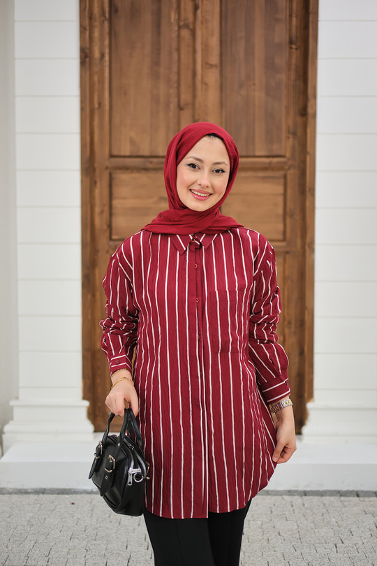 Kalın Çizgili Detay Gömlek Bordo