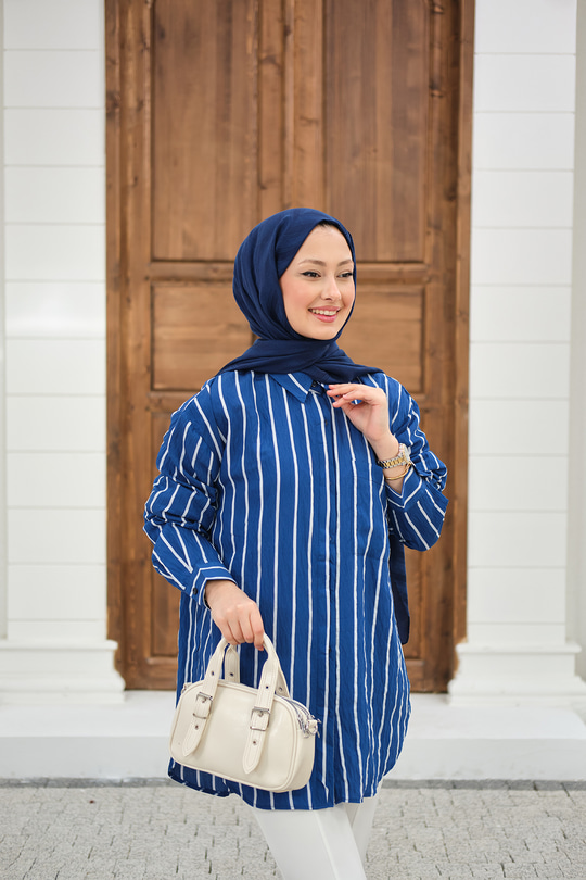 Kalın Çizgili Detay Gömlek Mavi