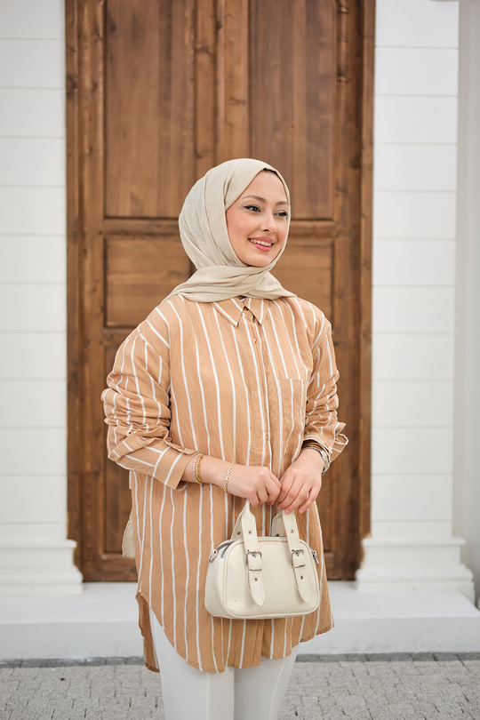 Kalın Çizgili Detay Gömlek Vizon