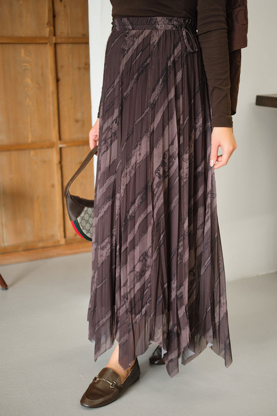 Kalın Fırça Desen Asimetrik Kesim Şifon Etek Kahverengi