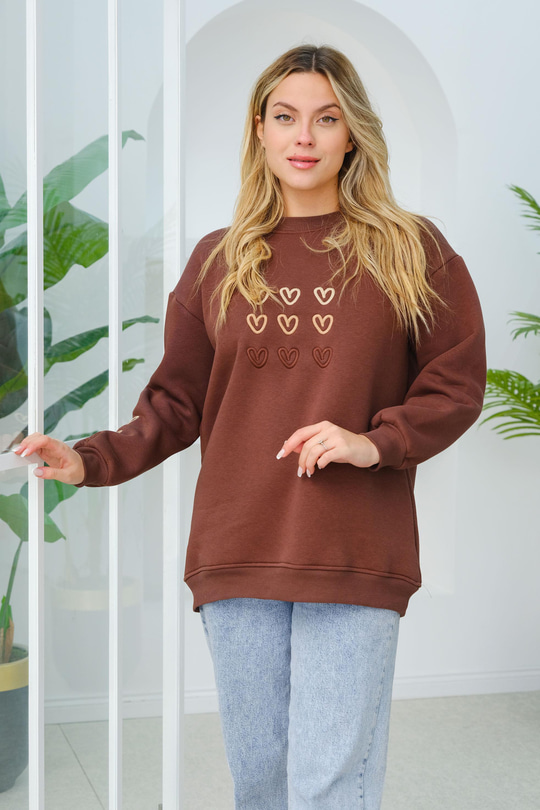 Kalp Nakışlı Sweat Kahverengi