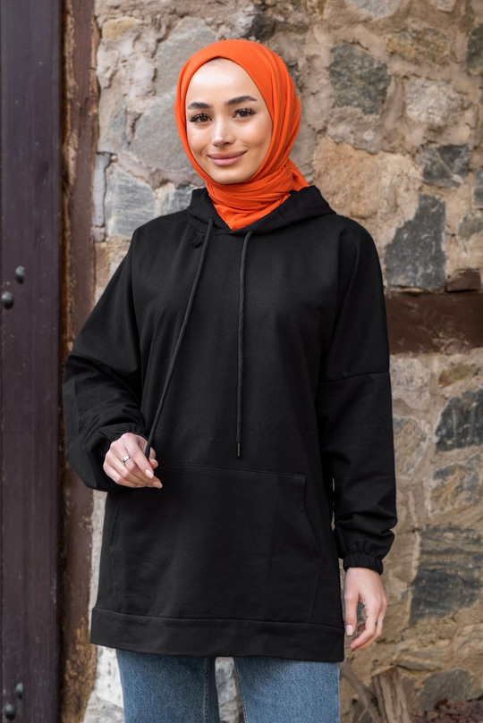 Uygun Fiyatlı KANGURU CEP KAPSONLU TUNIK SIYAH | Loccomoda.com 