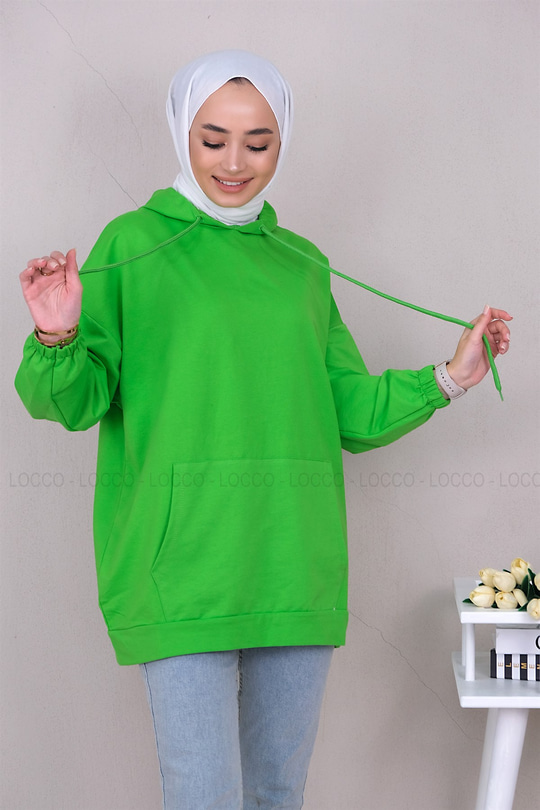 Uygun Fiyatlı KANGURU CEPLI KAPSONLU SWEAT FISTIK YESIL | Loccomoda.com 