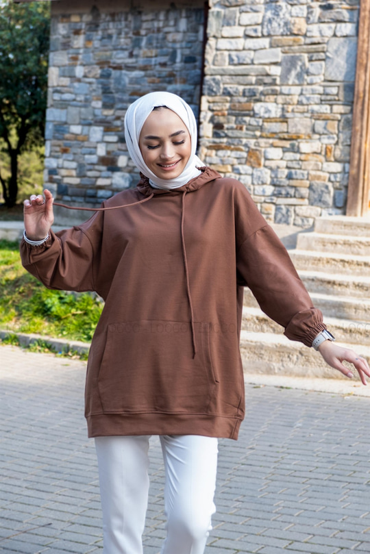 Uygun Fiyatlı KANGURU CEPLI KAPSONLU SWEAT KAHVERENGI | Loccomoda.com 