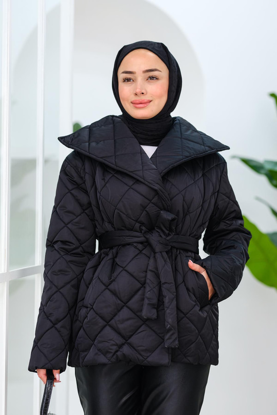 Kapitone Bel Bağlama Detaylı Mont Siyah