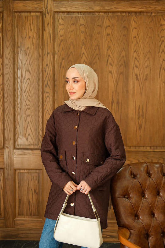 Kapitone Desen Gold Düğme Detay Ceket Kahverengi