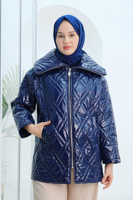 Kapitone Desen Parlak İnce Mont Lacivert