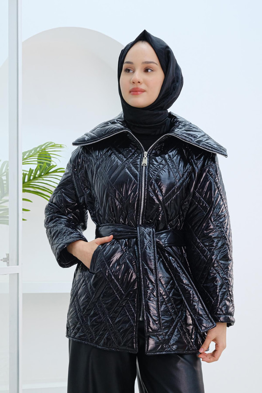 Kapitone Desen Parlak İnce Mont Siyah