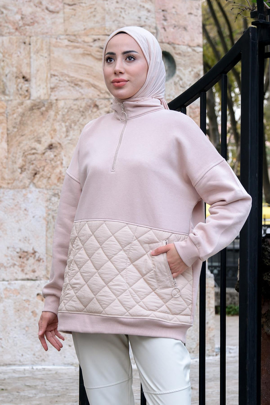 Kapitone Desenli Polar Sweat Bej