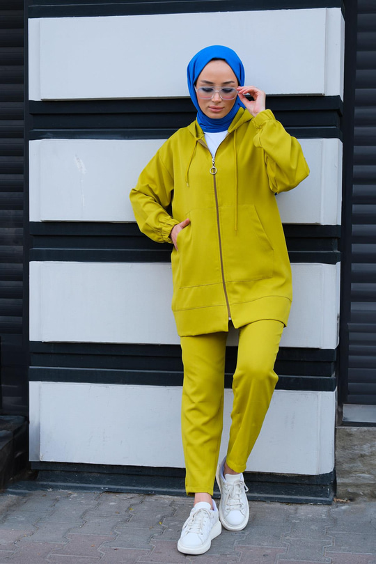 Kapüşonlu Çift Cepli İkili Takım Yağ Yeşil